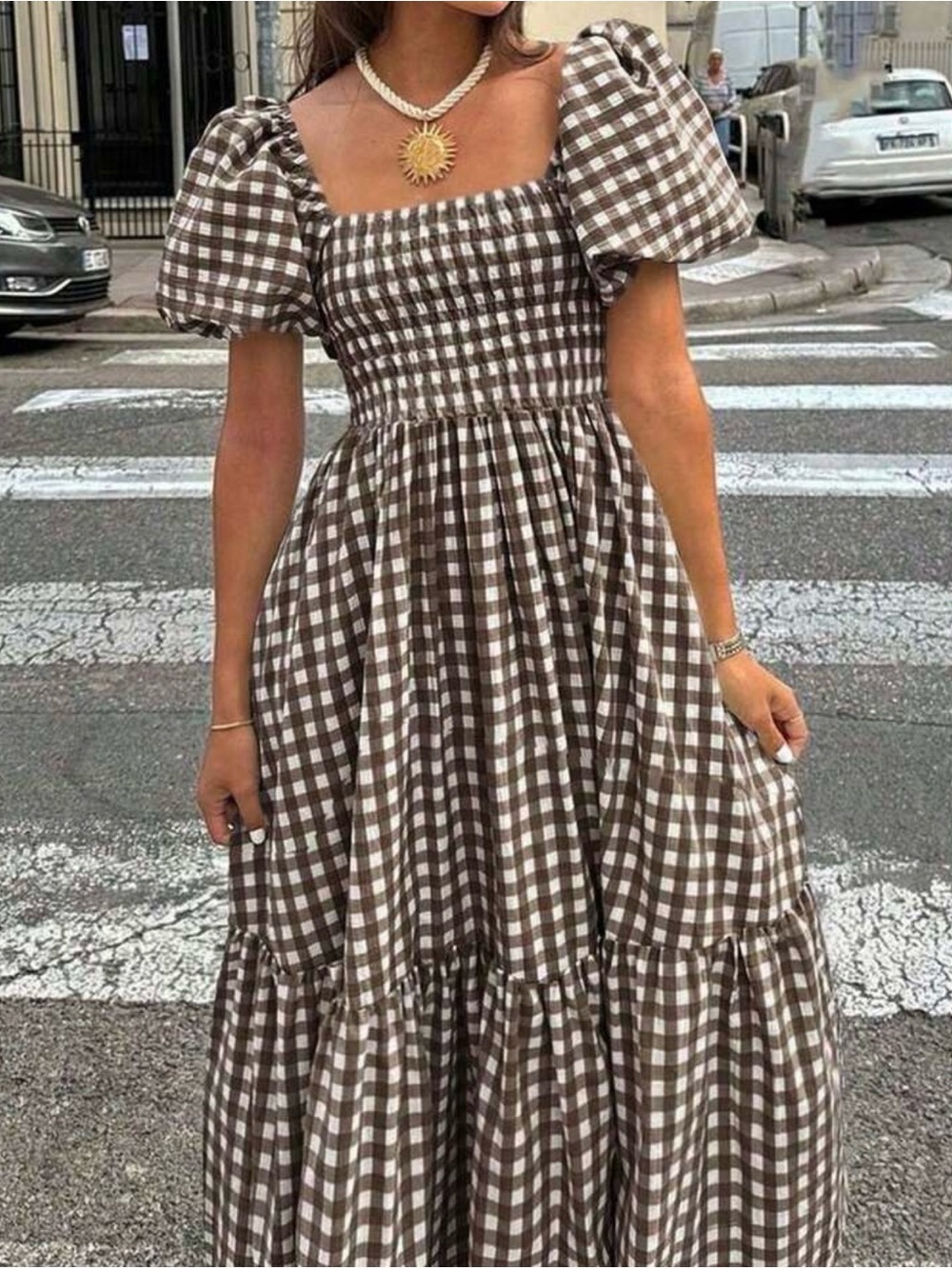 Smocked Square Neck Brown Gingham Maxi Dress